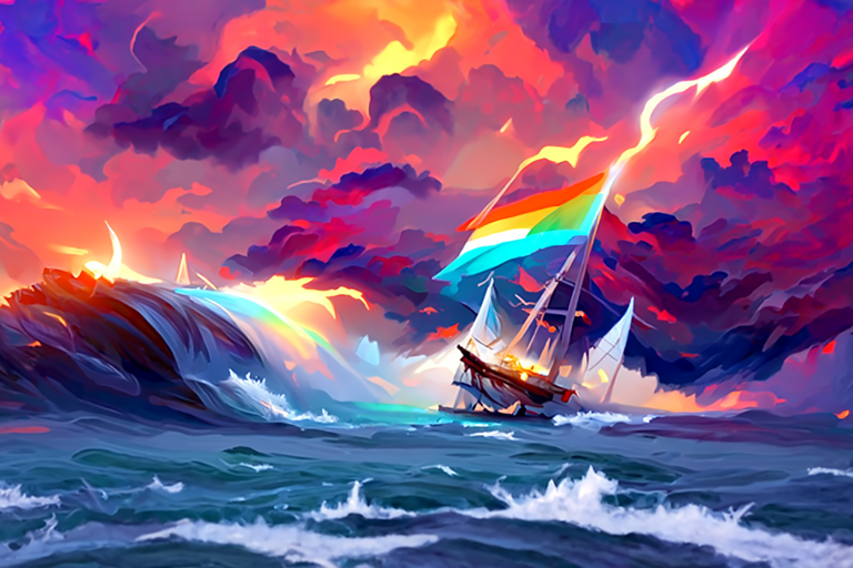 An image in a saturated clean digital art style of a rainbow storm over turbulent oceans with a shape that could be a sailing ship, but there is a rainbow flag instead of a sail.