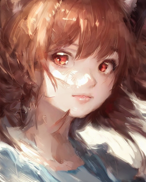 A girl with red cat eyes and very voluminous brown hair being blown by the wind, looking off to the left.