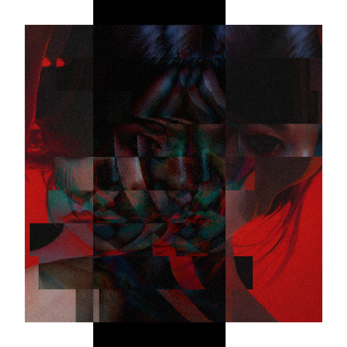 A glitched portrait of a woman with black hair on a red background. A black bar is overlayed in the middle and some parts have their colors inverted.