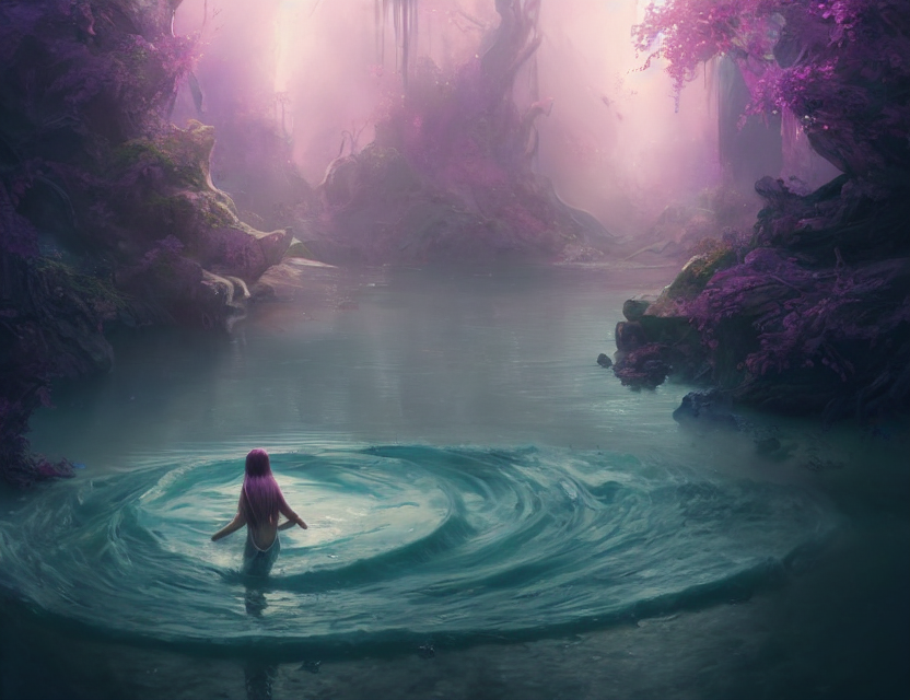 A woman is standing in the middle of a calm whirlpool, in a forest with a purple atmosphere and steep rocky beaches on either side.